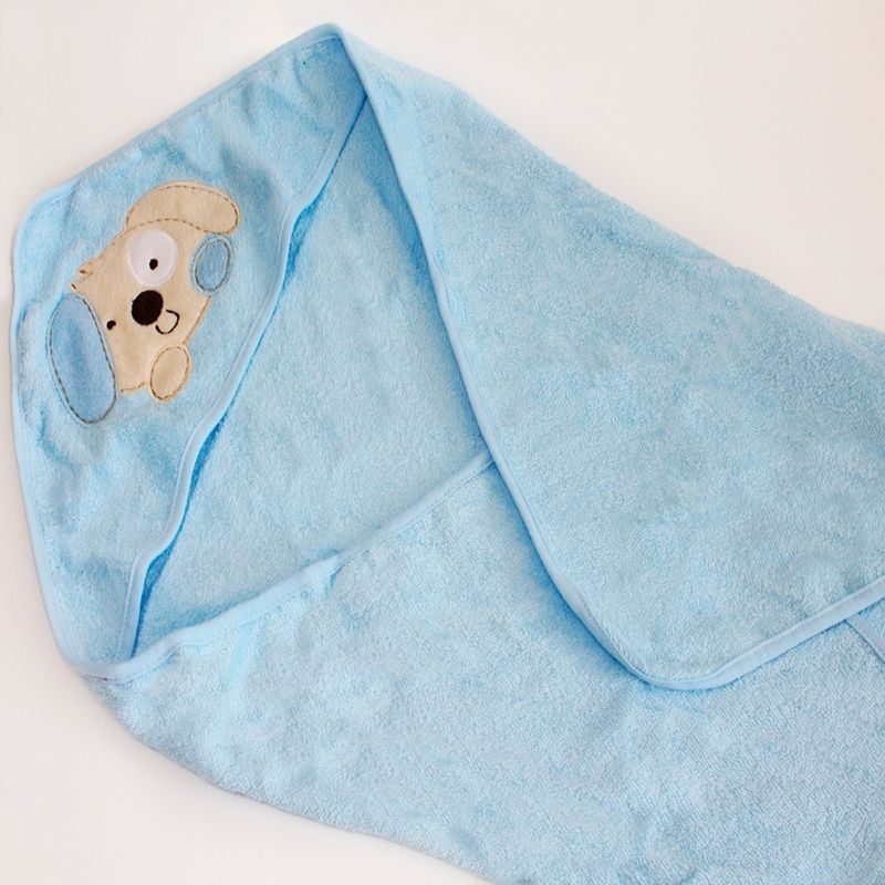 Toalha de Banho Bebê com Capuz Bordado Camesa Cachorro 75x75 cm Azul