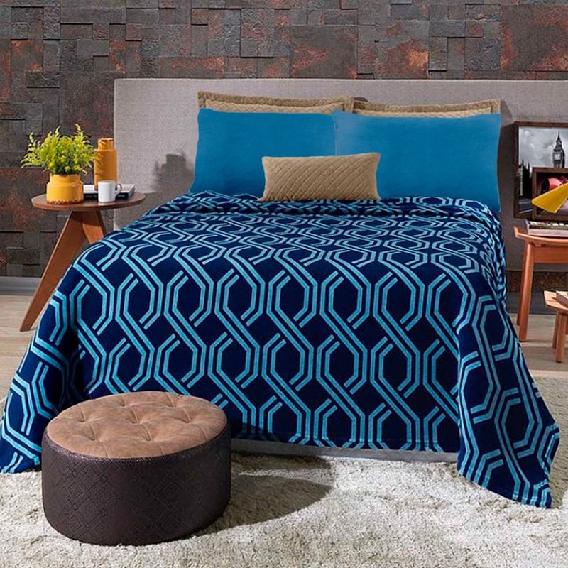 Kit Cobertor Blanket Hedrons Solteiro Trellis Plush Azul